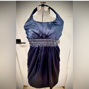 Halter Neck Ruched Sequin stretch satin Nay Blue Midi Dress Pockets